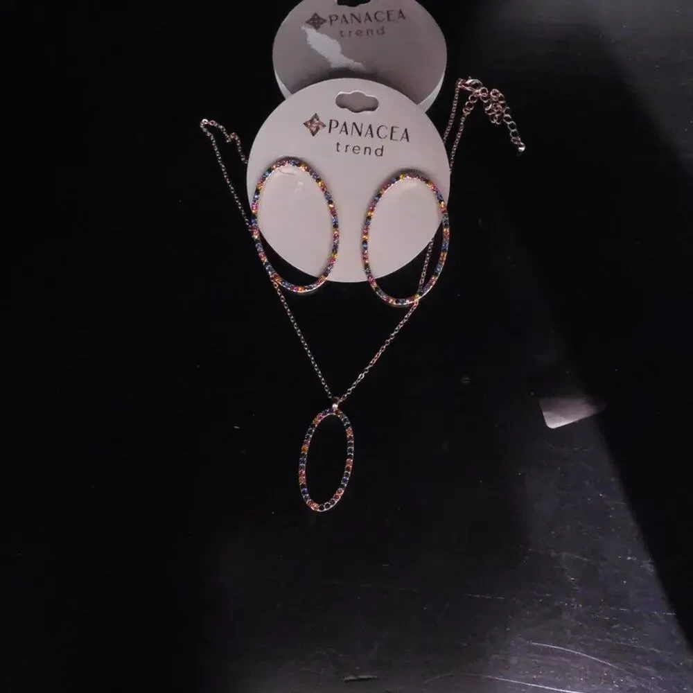 Panacea Multicolor Crystal Pave Oval Hoop Earrings Necklace Set Rose Gold Glam